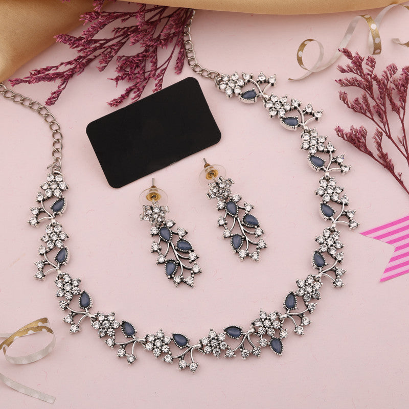 Tehzeeb Creations Silver Pleated White Diamond With Baby Blue Beads Necklace Set | Grocsy