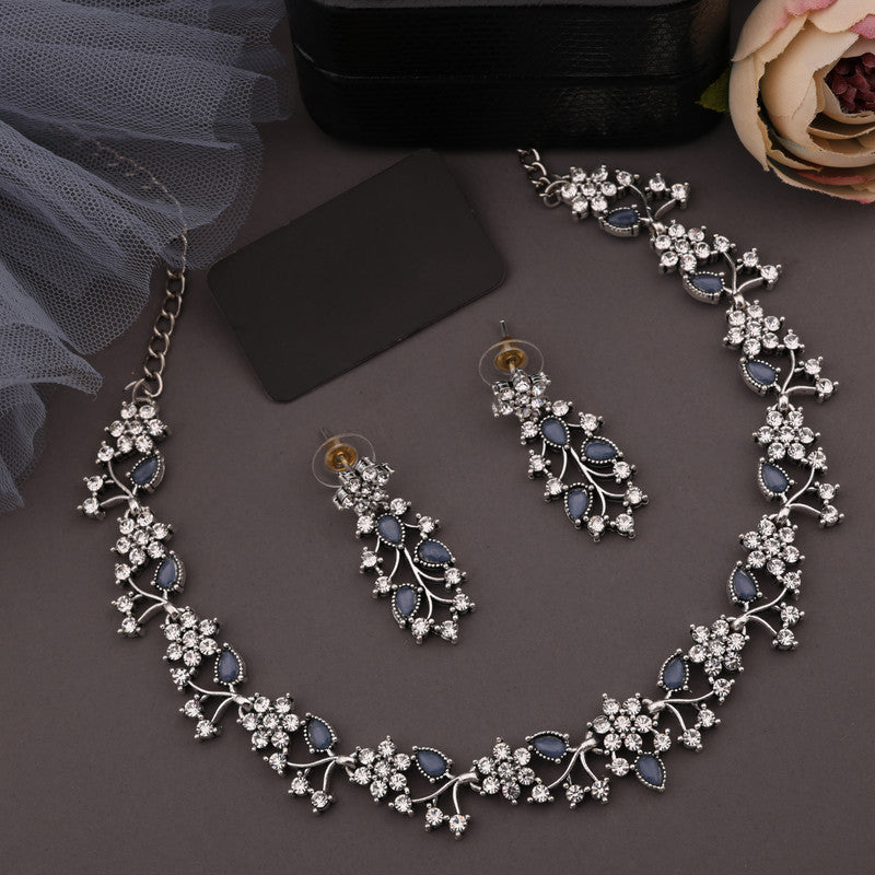 Tehzeeb Creations Silver Pleated White Diamond With Baby Blue Beads Necklace Set | Grocsy