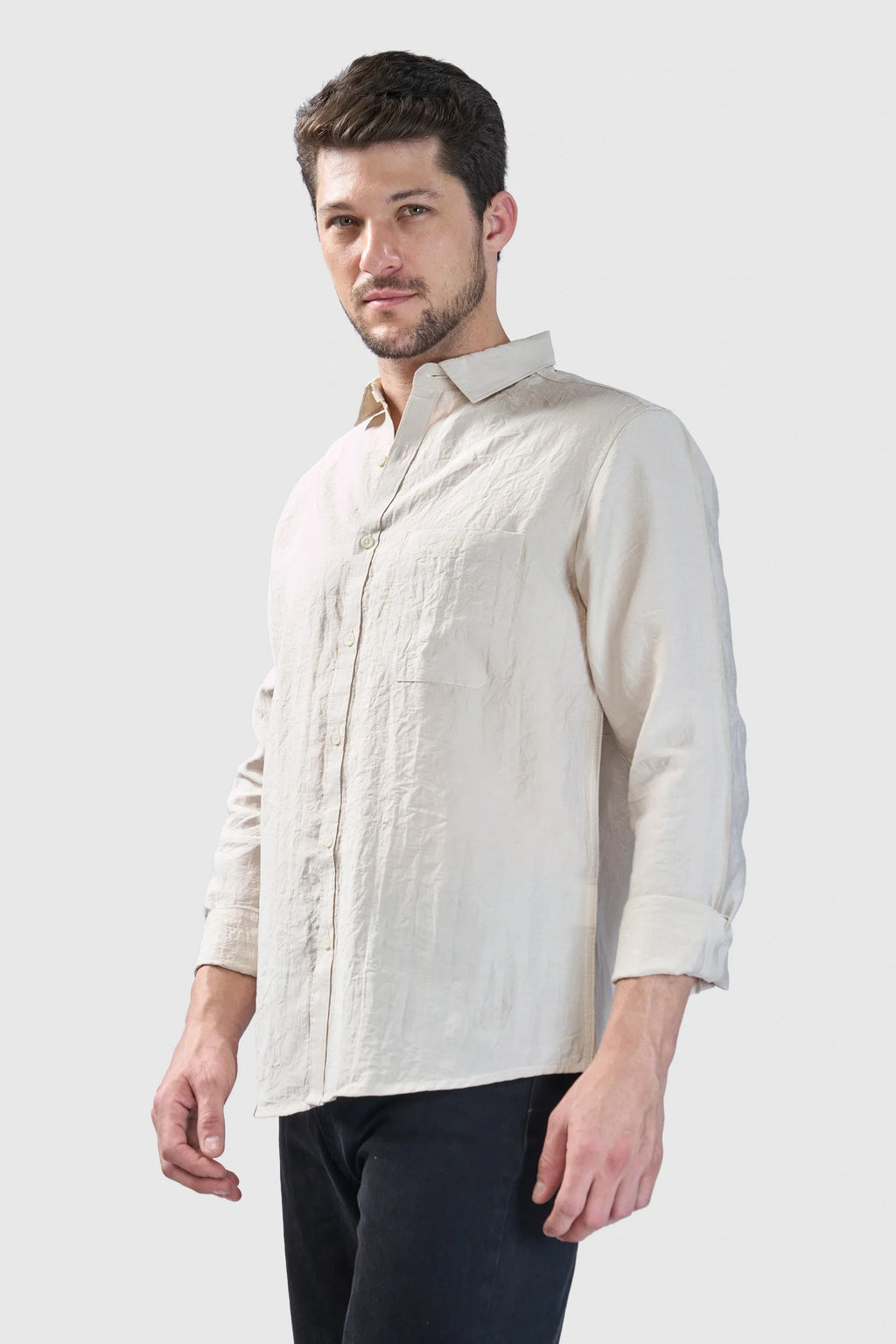Xkind Beige Crush Wrinkled Look Regular Fit Shirt | Grocsy