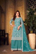 Anaita Teal Embroidered Net Plazzo Suit | Grocsy
