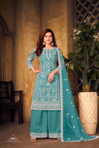 Anaita Teal Embroidered Net Plazzo Suit | Grocsy