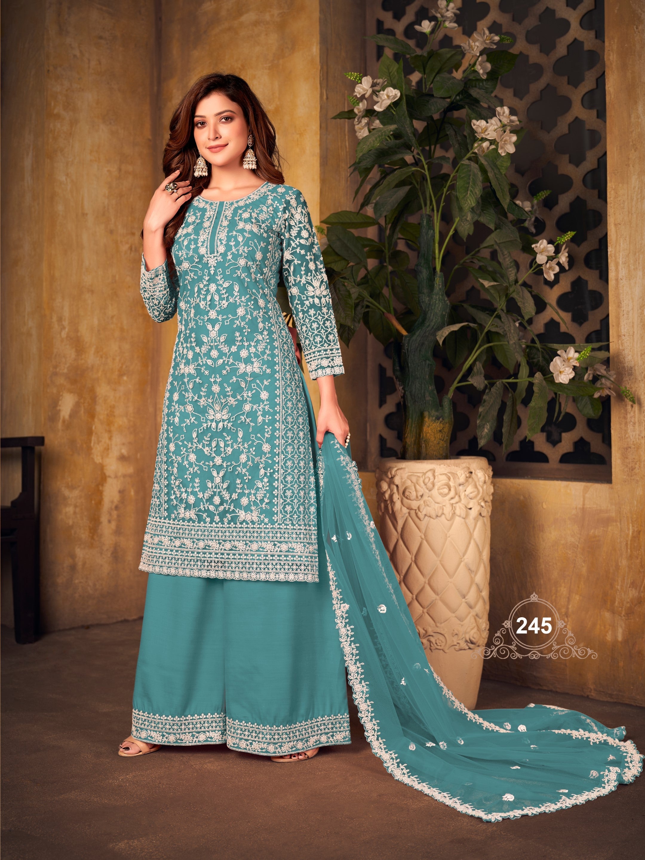 Anaita Teal Embroidered Net Plazzo Suit | Grocsy
