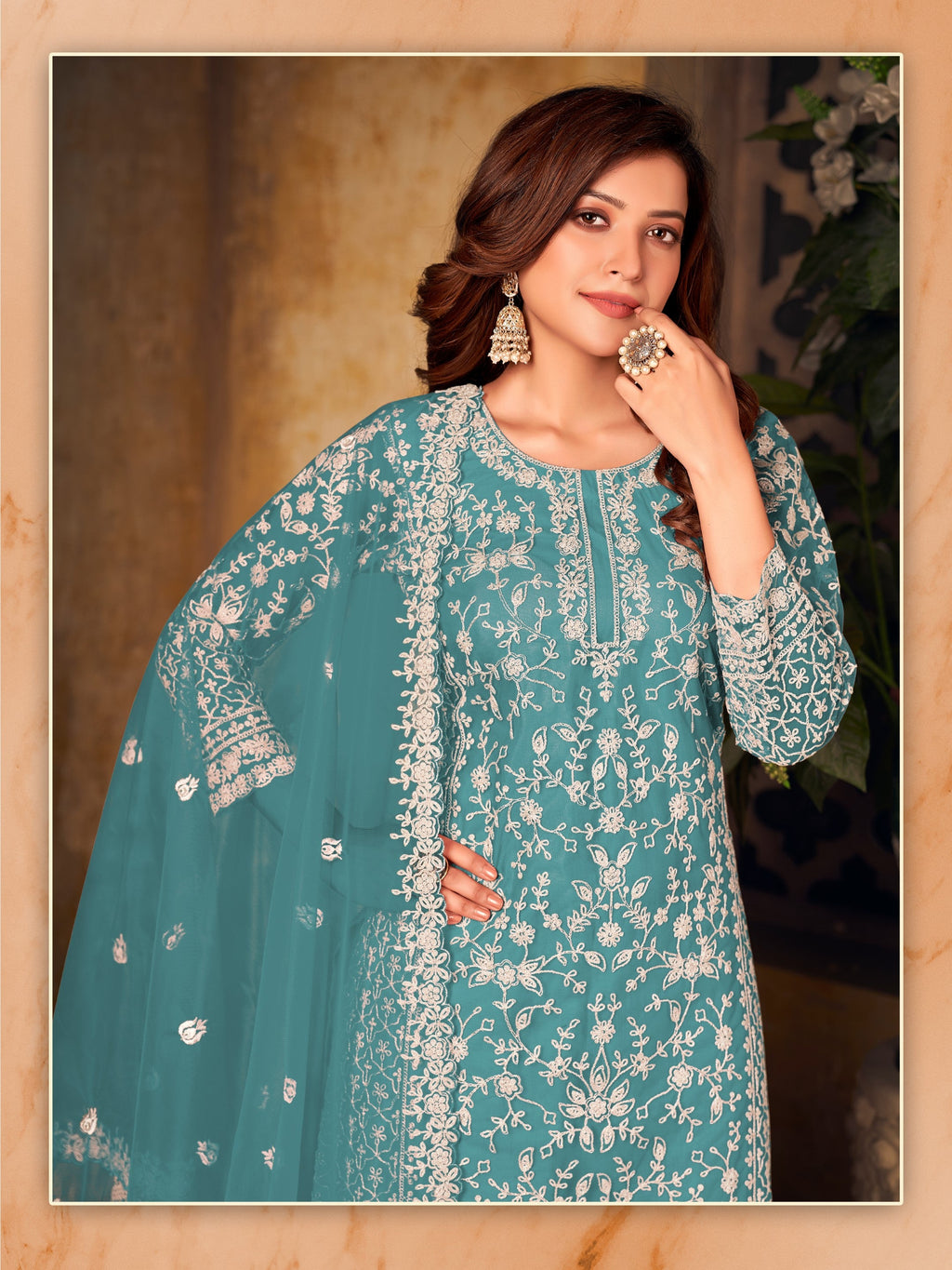 Anaita Teal Embroidered Net Plazzo Suit | Grocsy