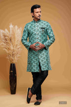 Raivat Ethnic Banarasi Jacquard Embroidery Semi Indo Western Sherwani In Green Colour | Grocsy