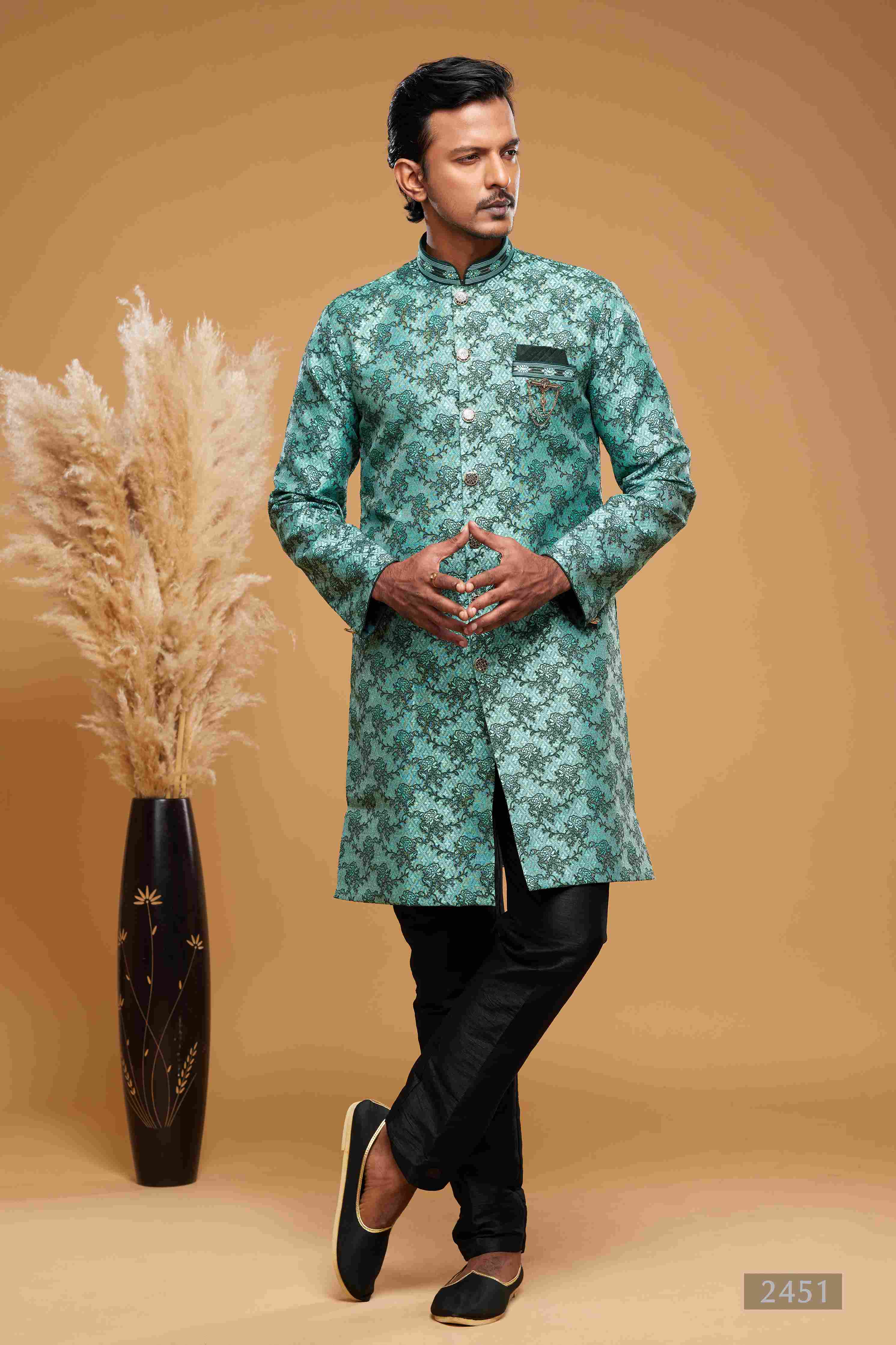 Raivat Ethnic Banarasi Jacquard Embroidery Semi Indo Western Sherwani In Green Colour | Grocsy