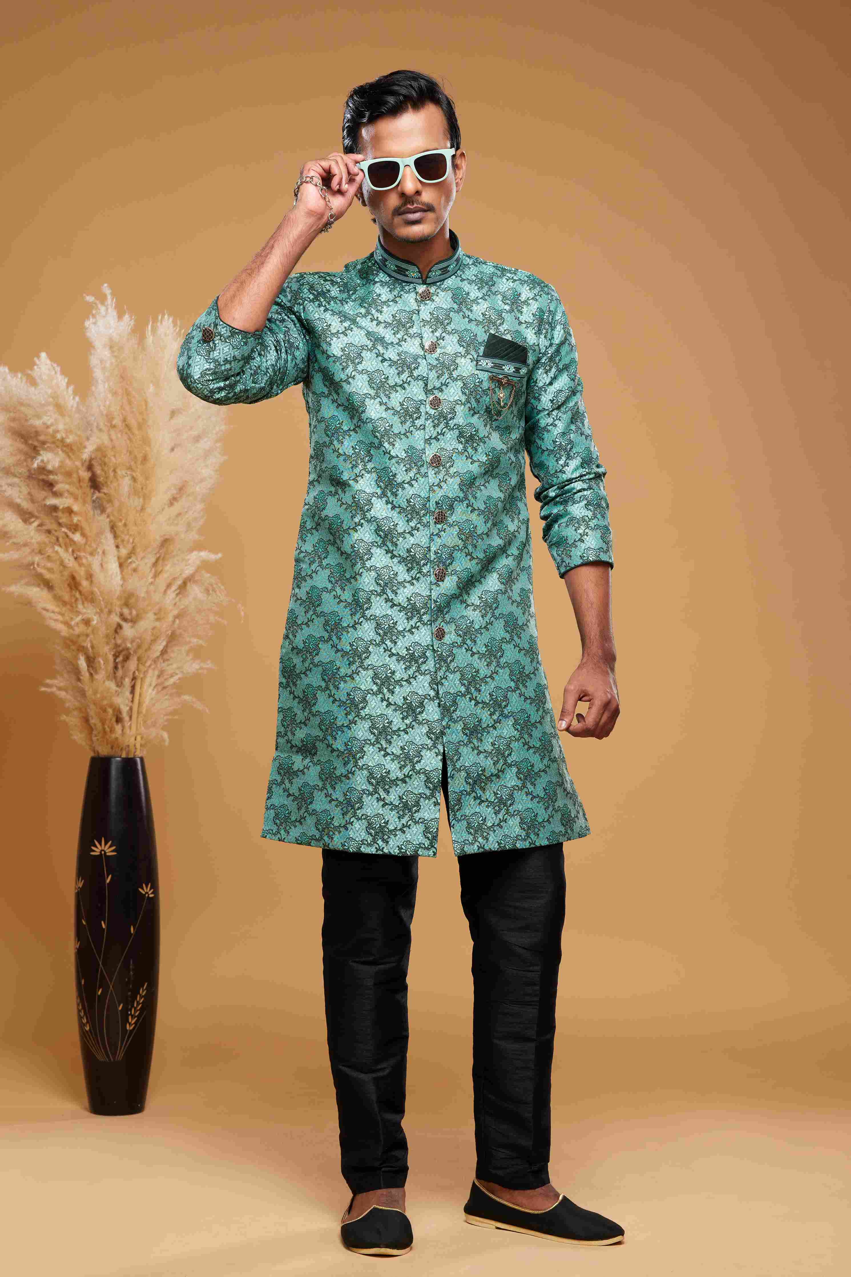 Raivat Ethnic Banarasi Jacquard Embroidery Semi Indo Western Sherwani In Green Colour | Grocsy