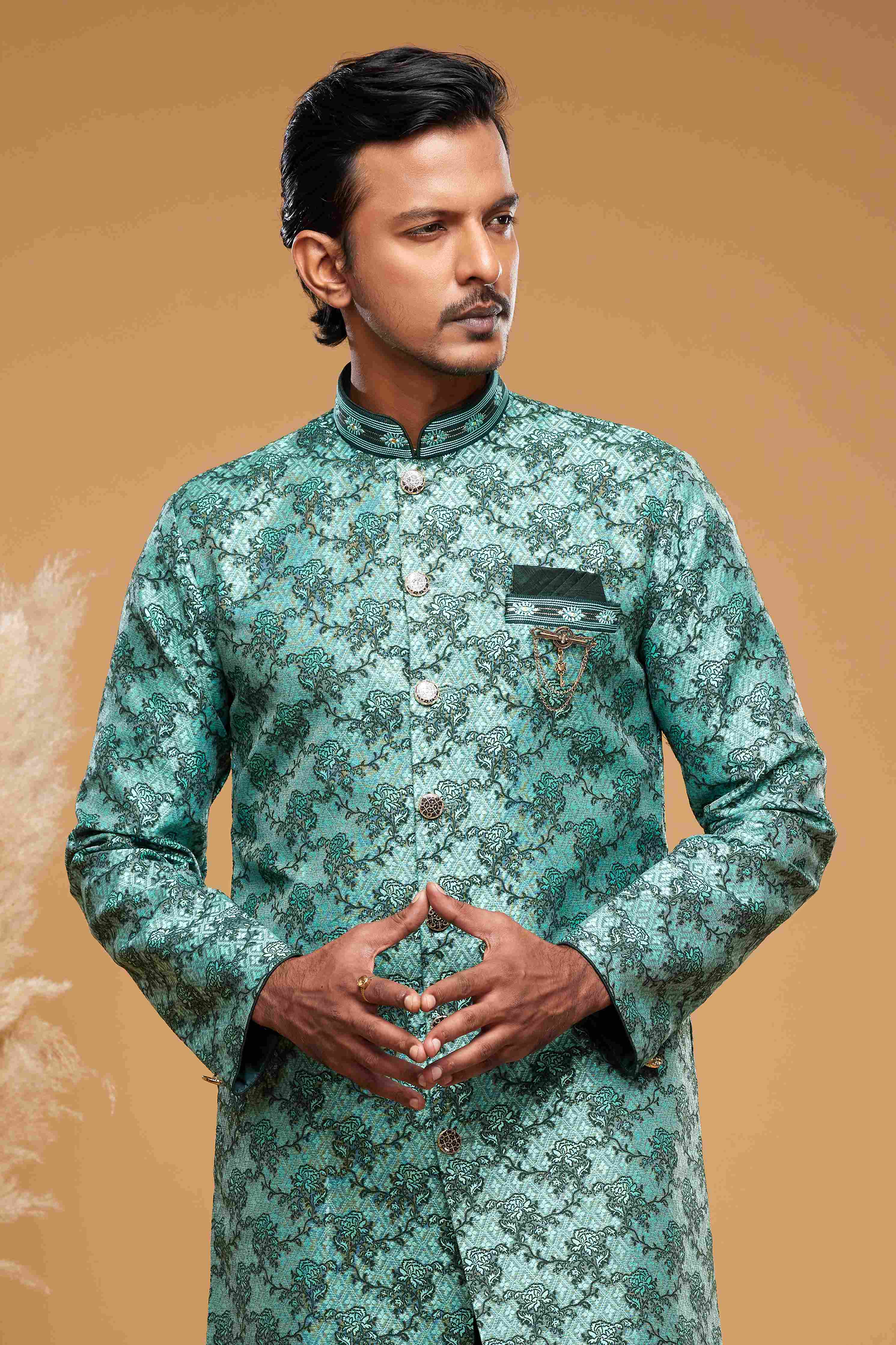 Raivat Ethnic Banarasi Jacquard Embroidery Semi Indo Western Sherwani In Green Colour | Grocsy