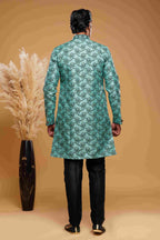 Raivat Ethnic Banarasi Jacquard Embroidery Semi Indo Western Sherwani In Green Colour | Grocsy