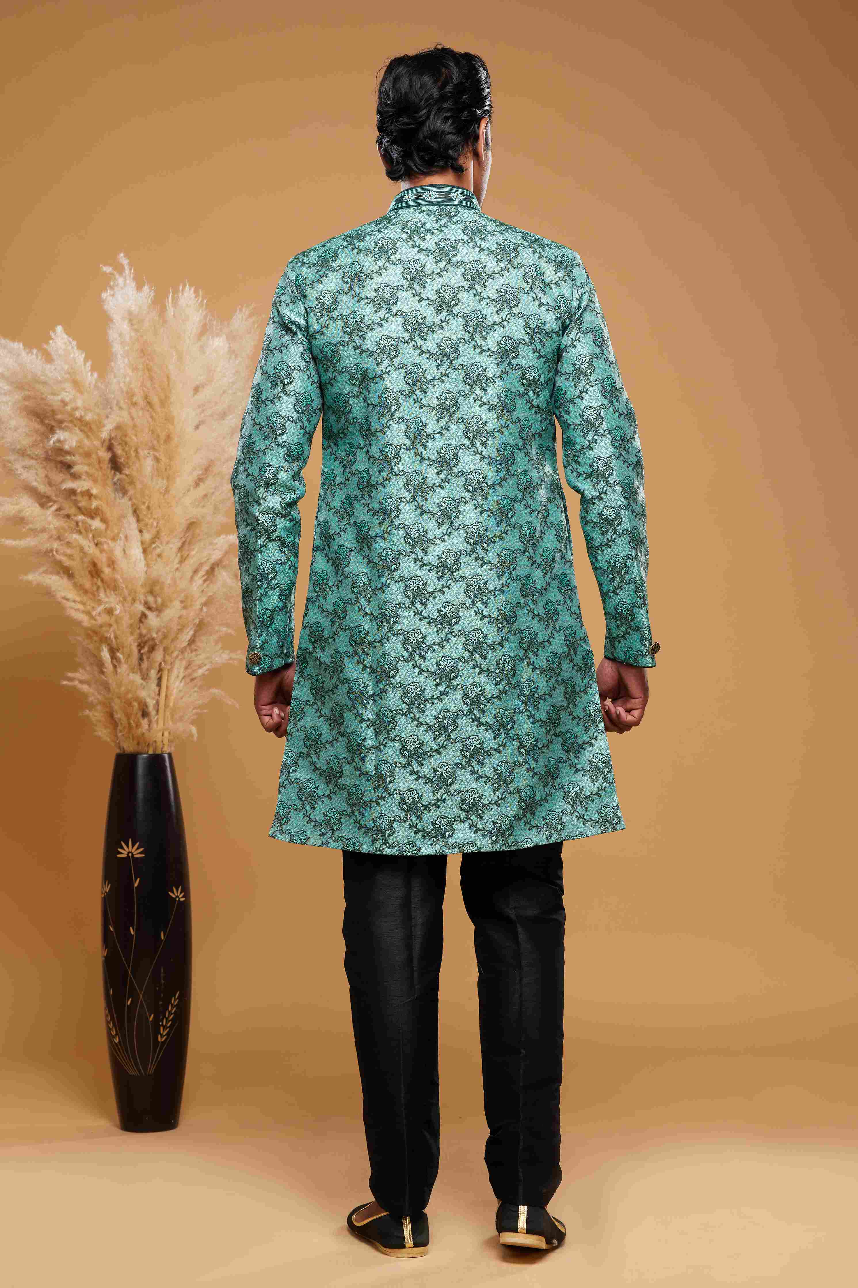 Raivat Ethnic Banarasi Jacquard Embroidery Semi Indo Western Sherwani In Green Colour | Grocsy