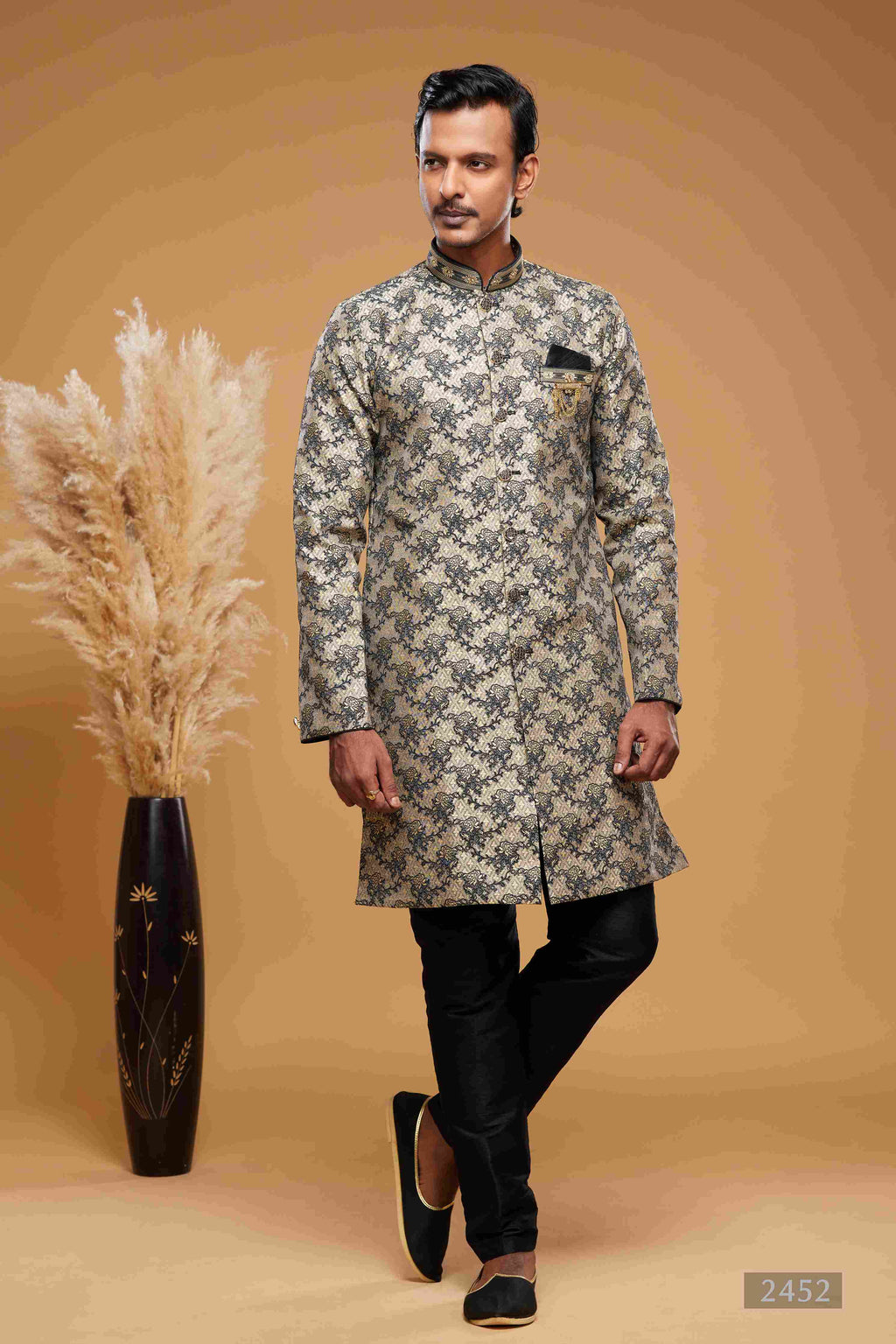 Raivat Ethnic Banarasi Jacquard Embroidery Semi Indo Western Sherwani In Beige Black Colour | Grocsy