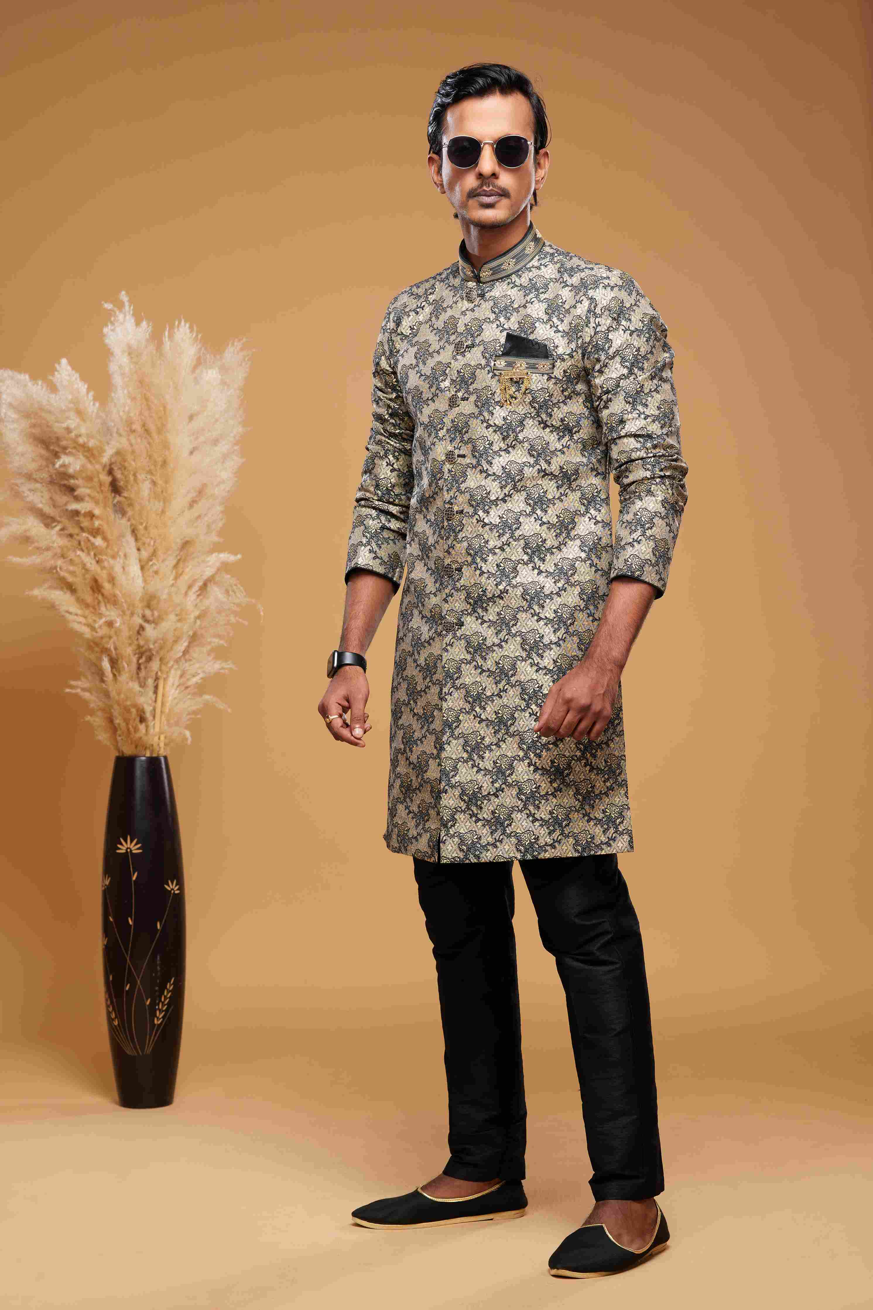 Raivat Ethnic Banarasi Jacquard Embroidery Semi Indo Western Sherwani In Beige Black Colour | Grocsy