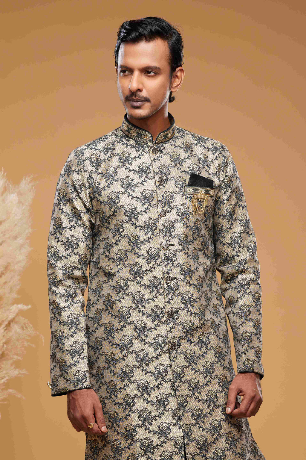 Raivat Ethnic Banarasi Jacquard Embroidery Semi Indo Western Sherwani In Beige Black Colour | Grocsy