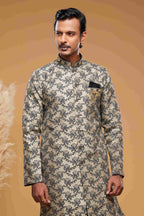 Raivat Ethnic Banarasi Jacquard Embroidery Semi Indo Western Sherwani In Beige Black Colour | Grocsy