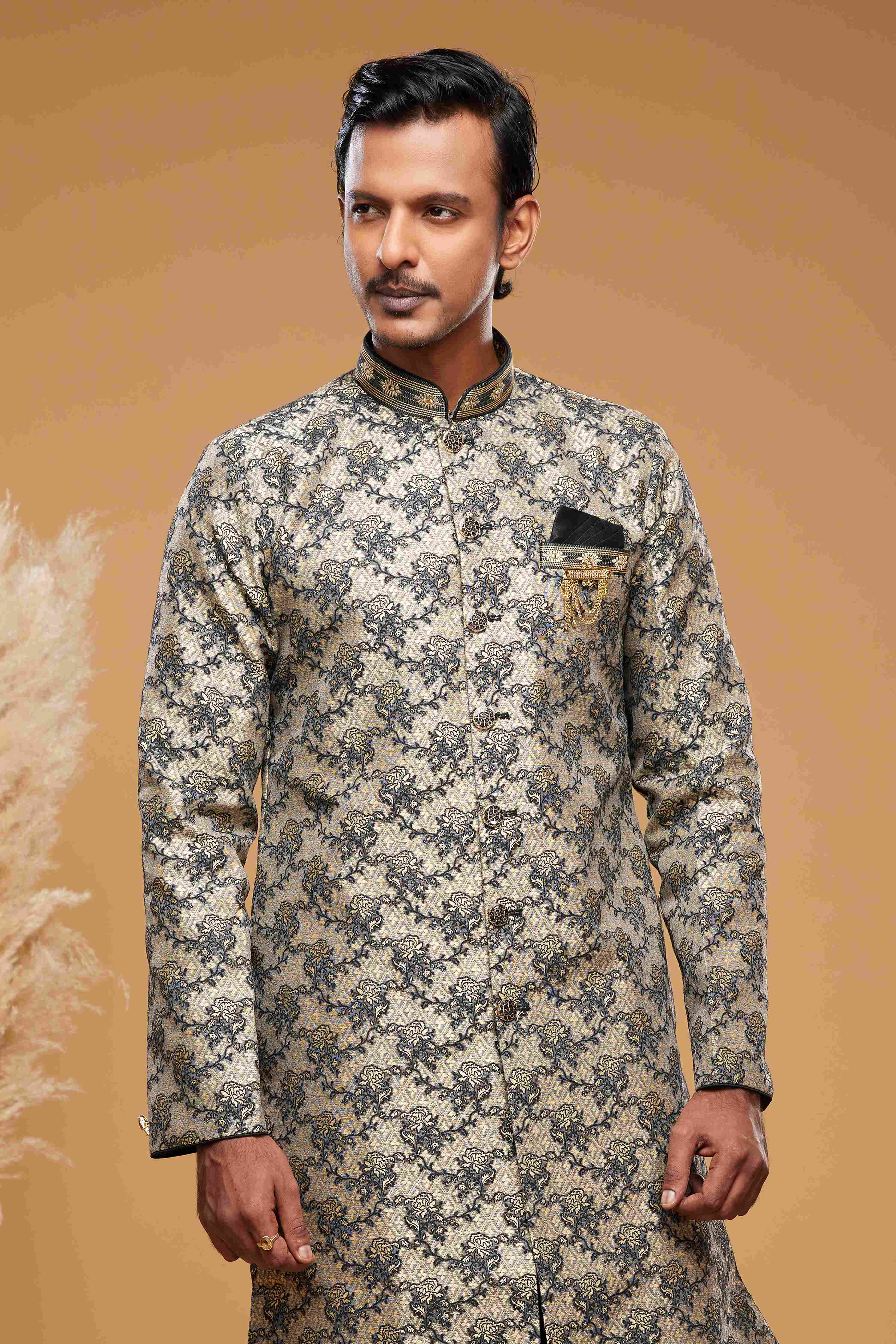 Raivat Ethnic Banarasi Jacquard Embroidery Semi Indo Western Sherwani In Beige Black Colour | Grocsy