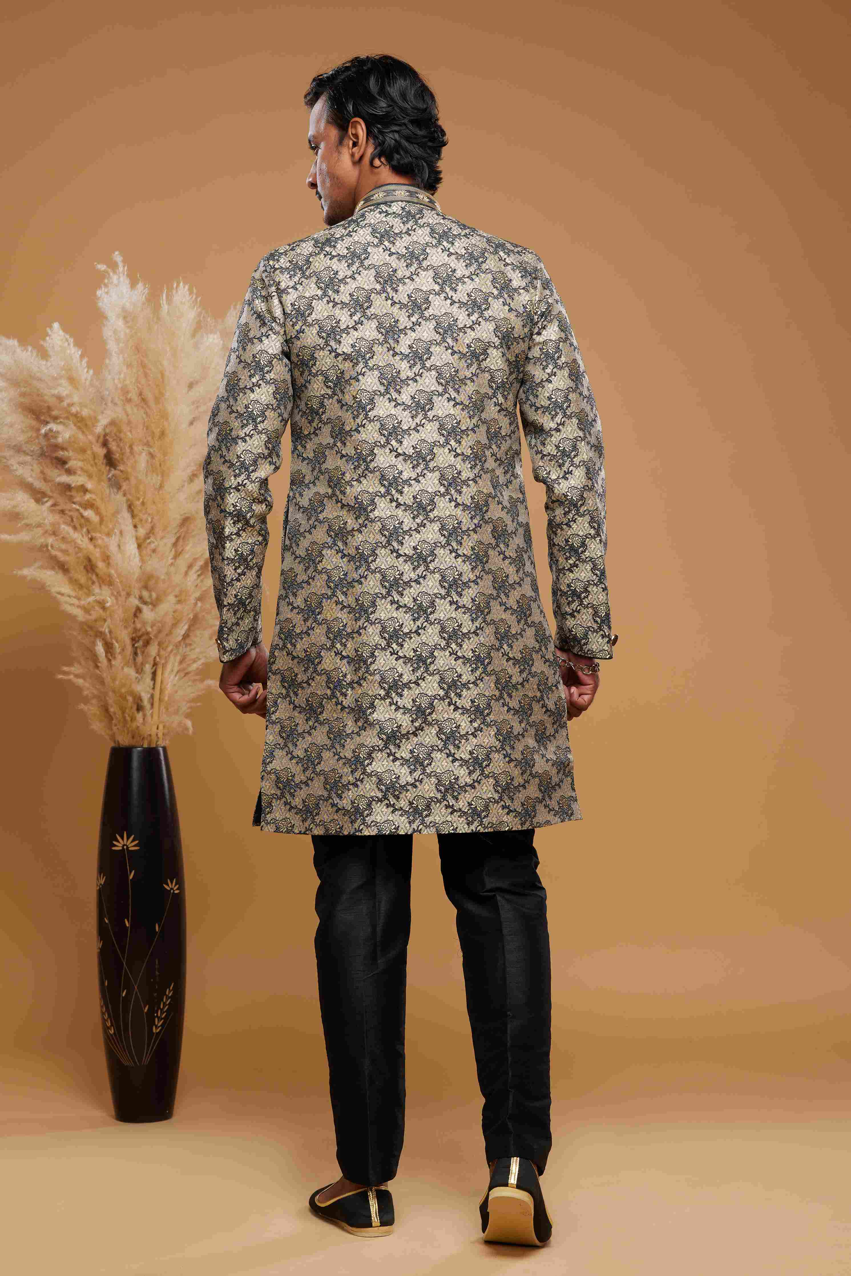 Raivat Ethnic Banarasi Jacquard Embroidery Semi Indo Western Sherwani In Beige Black Colour | Grocsy