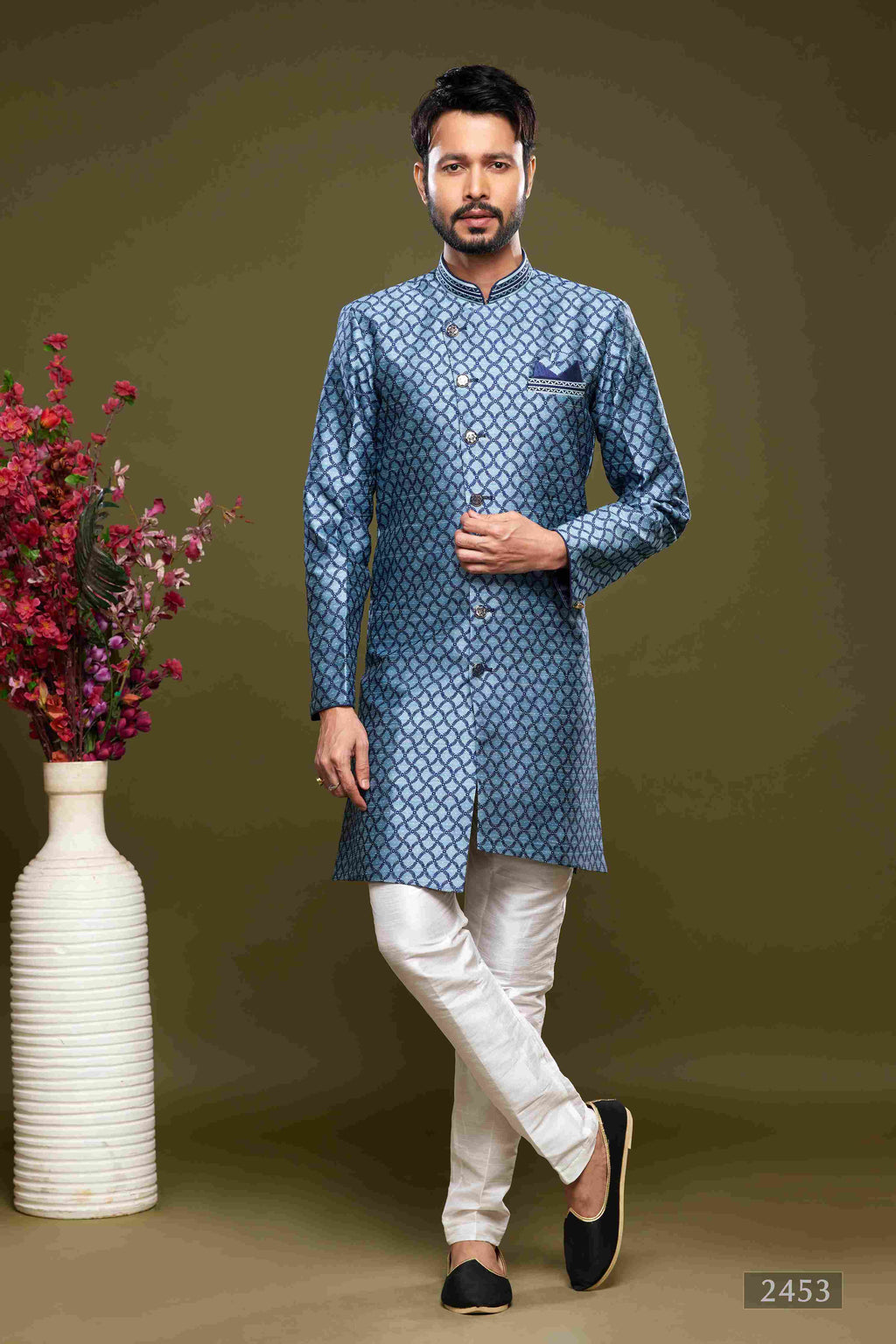 Raivat Ethnic Banarasi Jacquard Embroidery Semi Indo Western Sherwani In Blue Colour | Grocsy