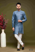 Raivat Ethnic Banarasi Jacquard Embroidery Semi Indo Western Sherwani In Blue Colour | Grocsy