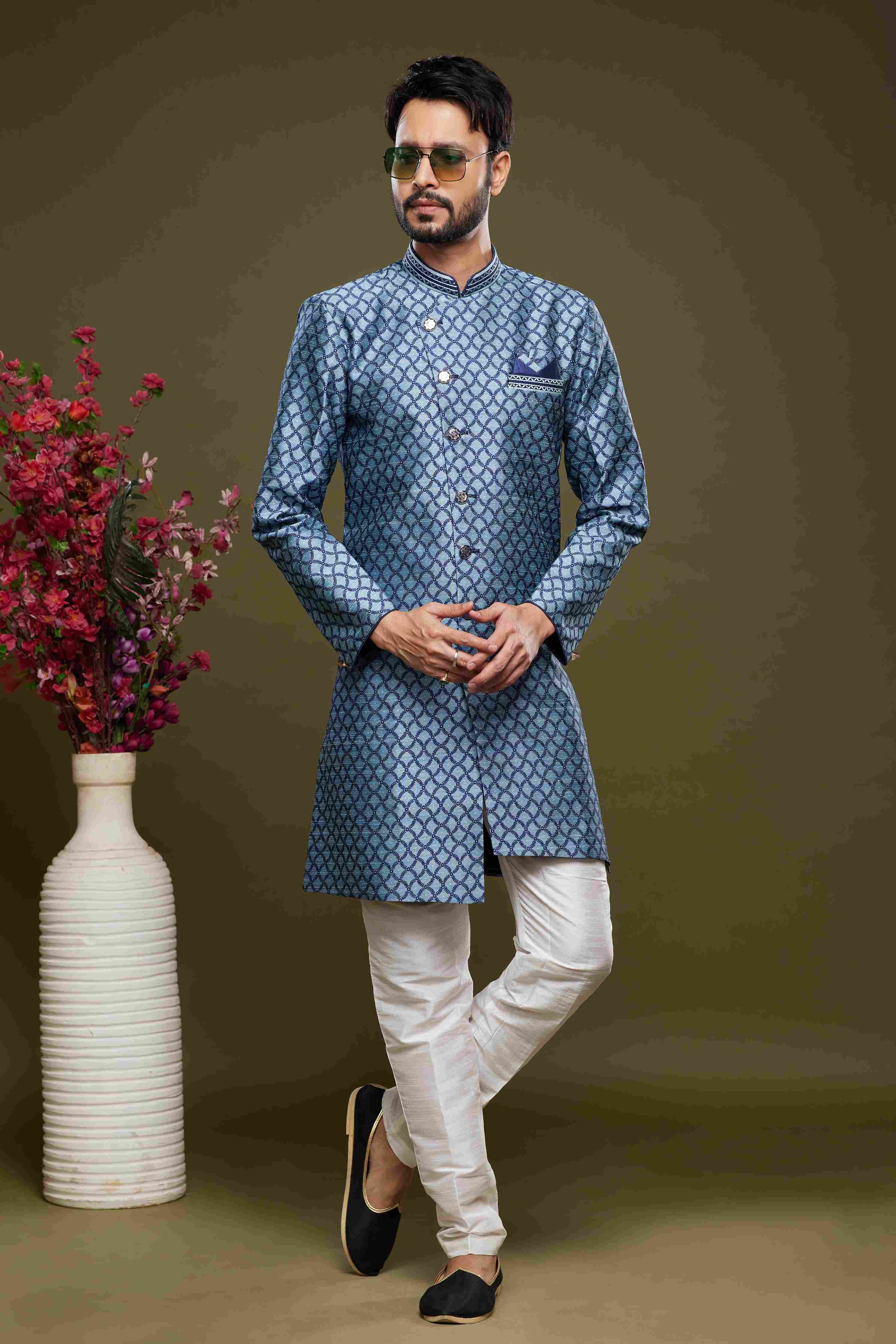 Raivat Ethnic Banarasi Jacquard Embroidery Semi Indo Western Sherwani In Blue Colour | Grocsy