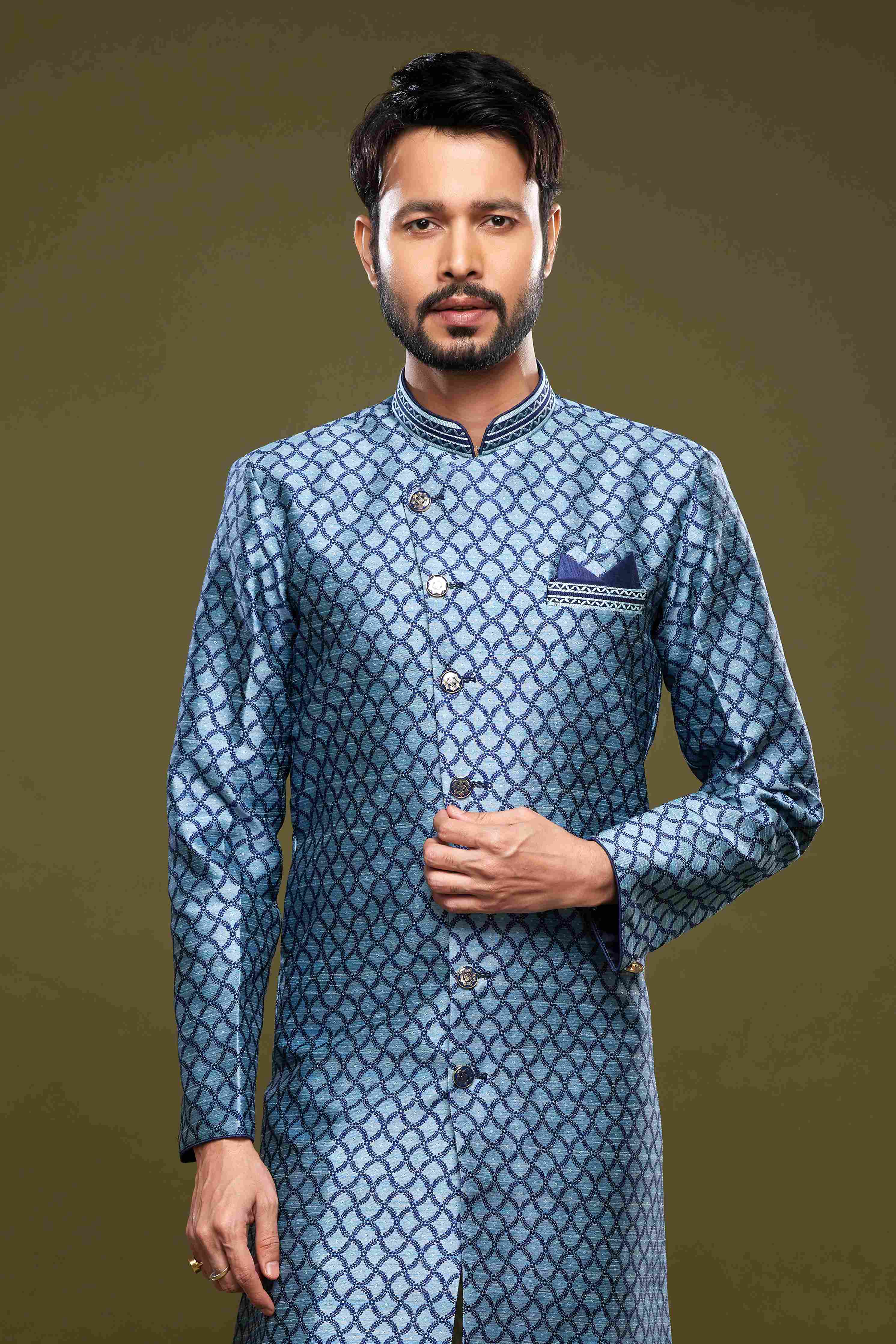 Raivat Ethnic Banarasi Jacquard Embroidery Semi Indo Western Sherwani In Blue Colour | Grocsy