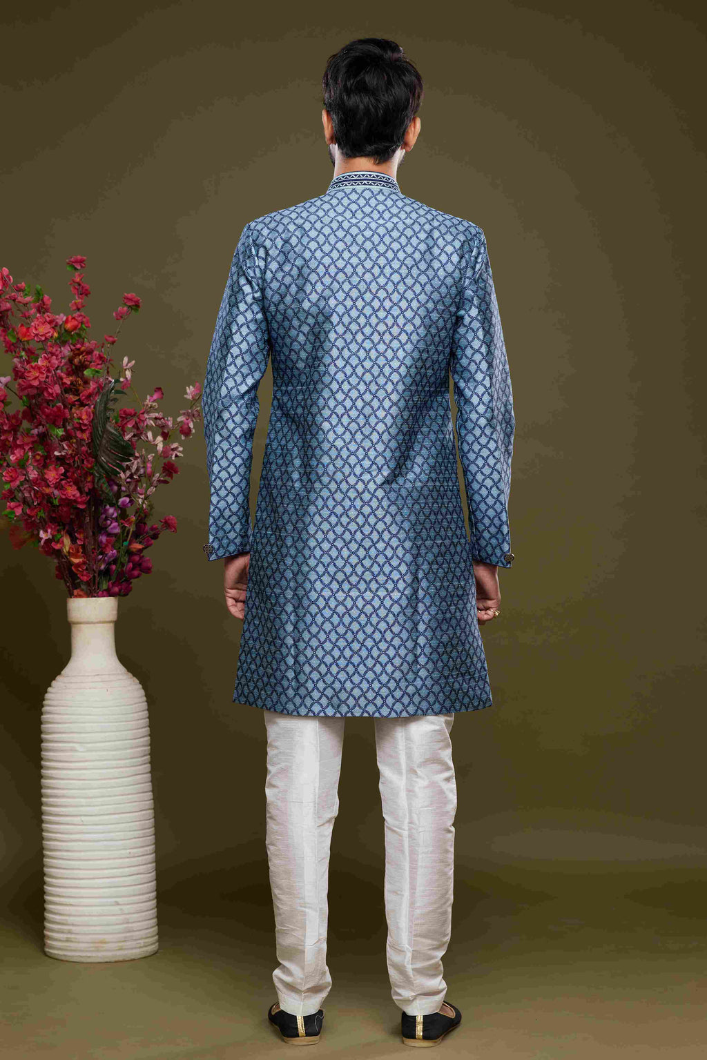 Raivat Ethnic Banarasi Jacquard Embroidery Semi Indo Western Sherwani In Blue Colour | Grocsy