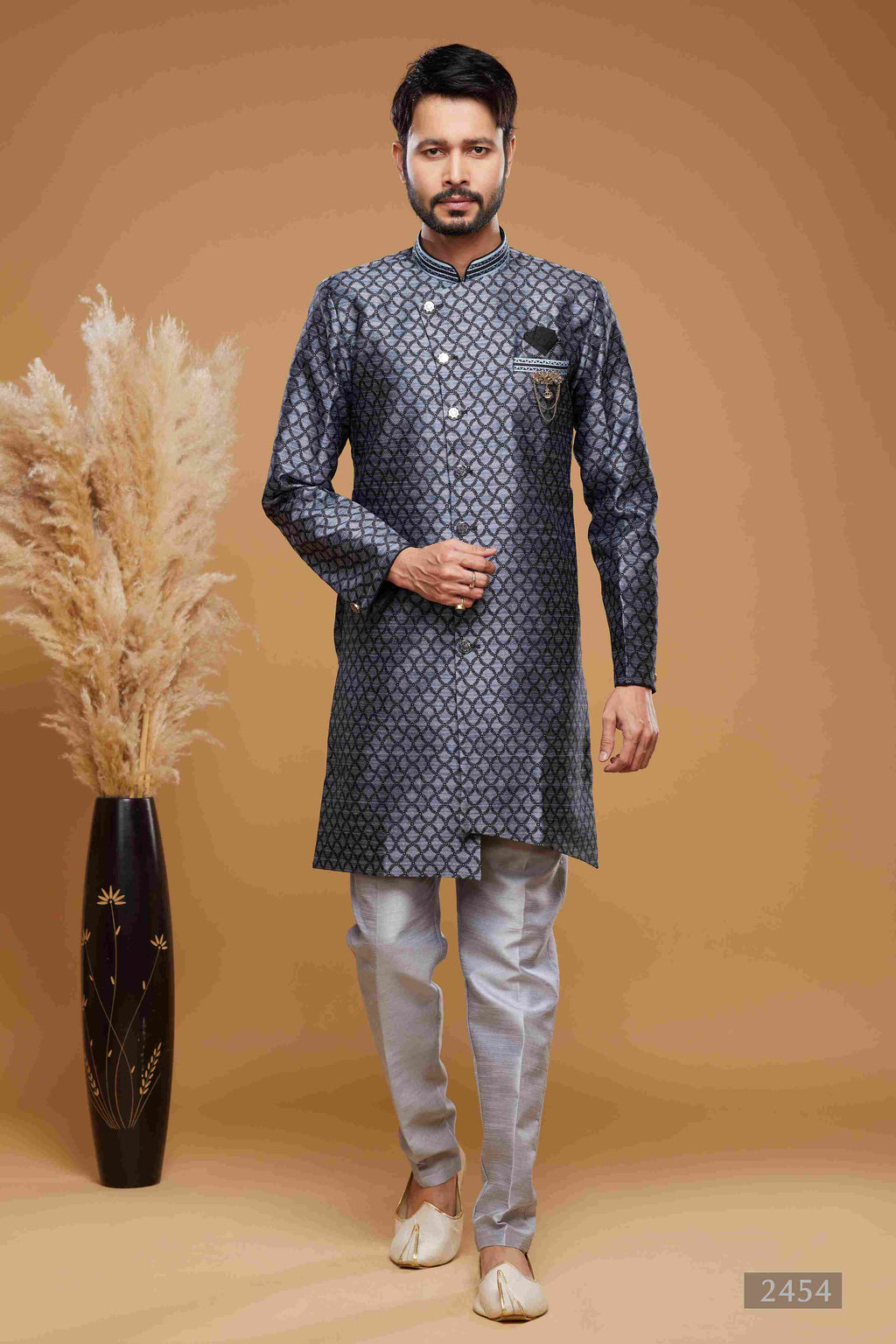Raivat Ethnic Banarasi Jacquard Embroidery Semi Indo Western Sherwani In Blue Colour | Grocsy