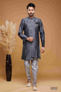 Raivat Ethnic Banarasi Jacquard Embroidery Semi Indo Western Sherwani In Blue Colour | Grocsy