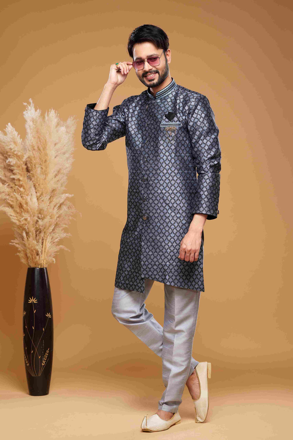 Raivat Ethnic Banarasi Jacquard Embroidery Semi Indo Western Sherwani In Blue Colour | Grocsy