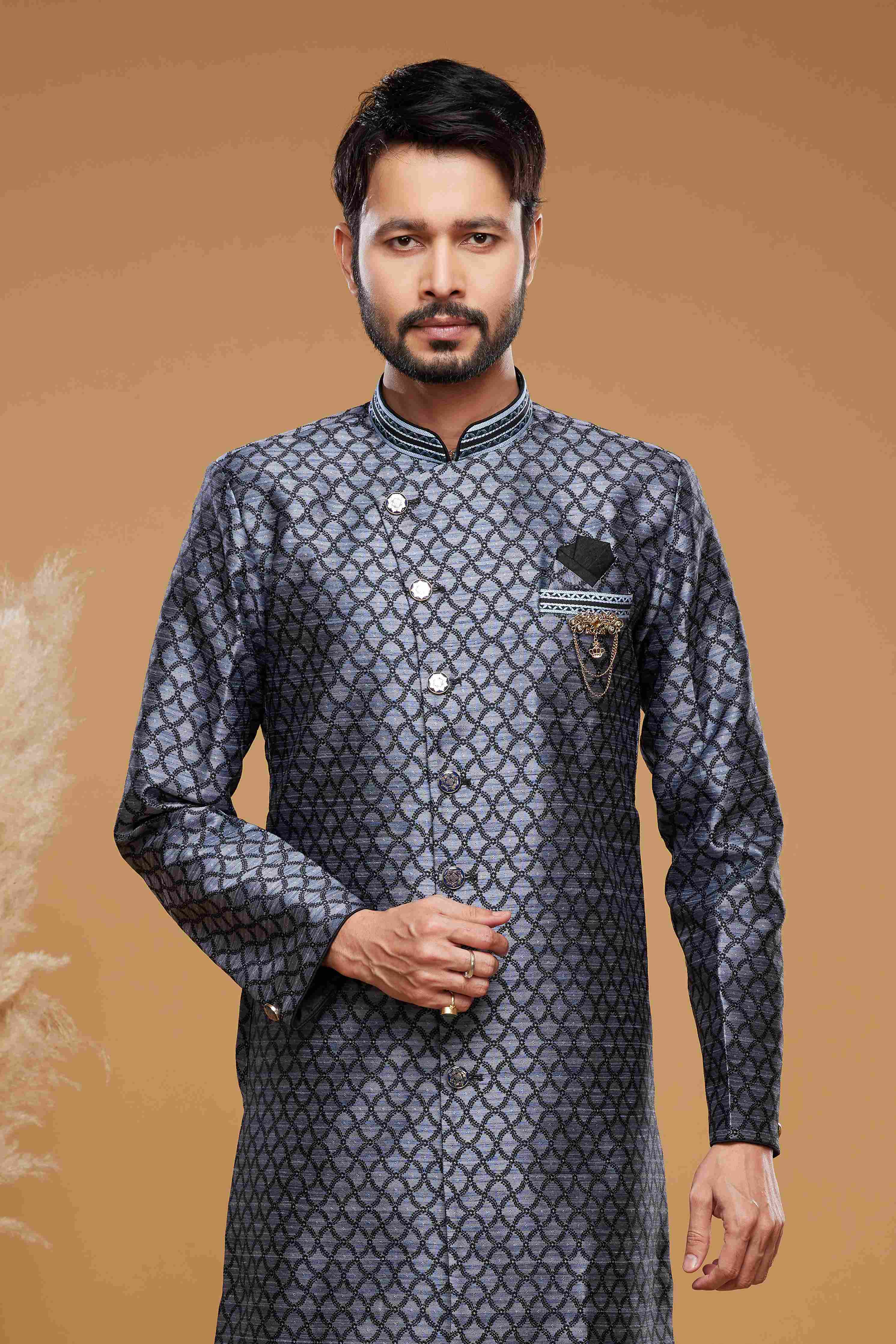 Raivat Ethnic Banarasi Jacquard Embroidery Semi Indo Western Sherwani In Blue Colour | Grocsy