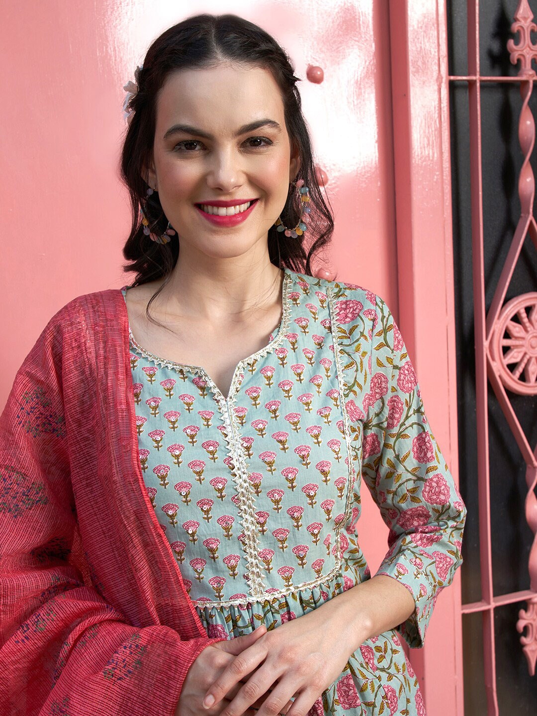Sangria Sea Green Floral Printed Pure Cotton Kurta with Palazzos & Dupatta | Grocsy