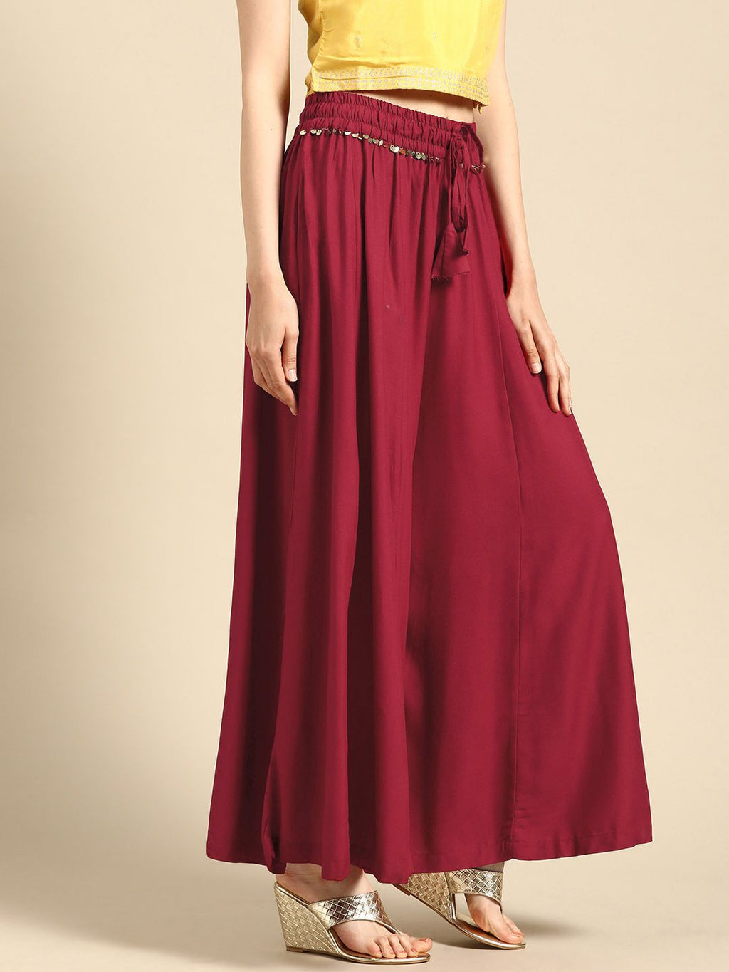 TAG 7 Women Maroon Solid Flared Palazzos | Grocsy