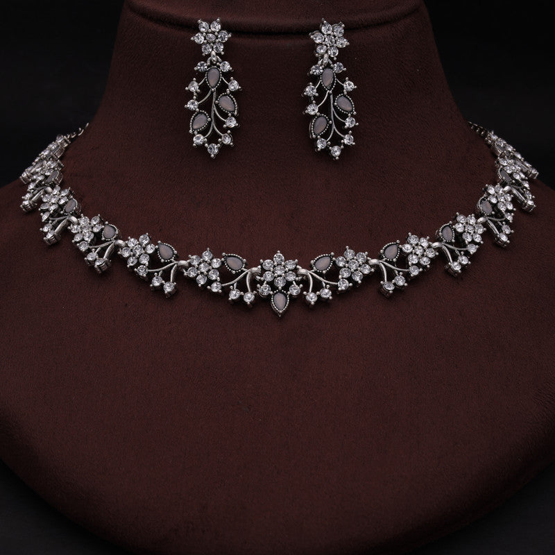 Tehzeeb Creations Silver Pleated White Diamond With Grey Beads Necklace Set | Grocsy