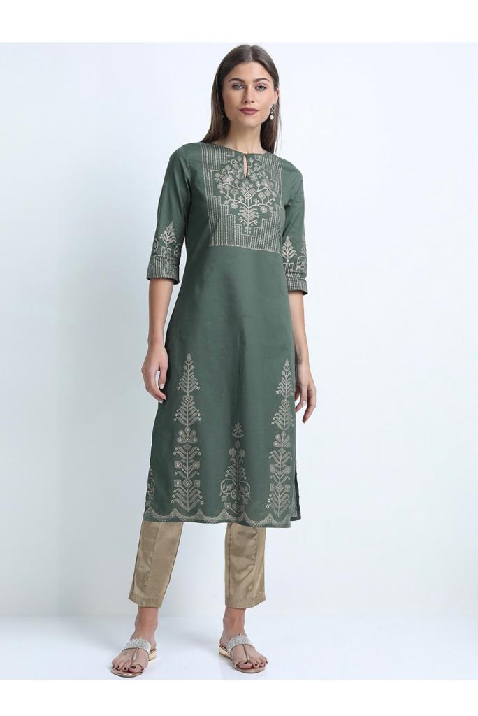 Maai Rayon Hand Printed Kurta Green | Grocsy
