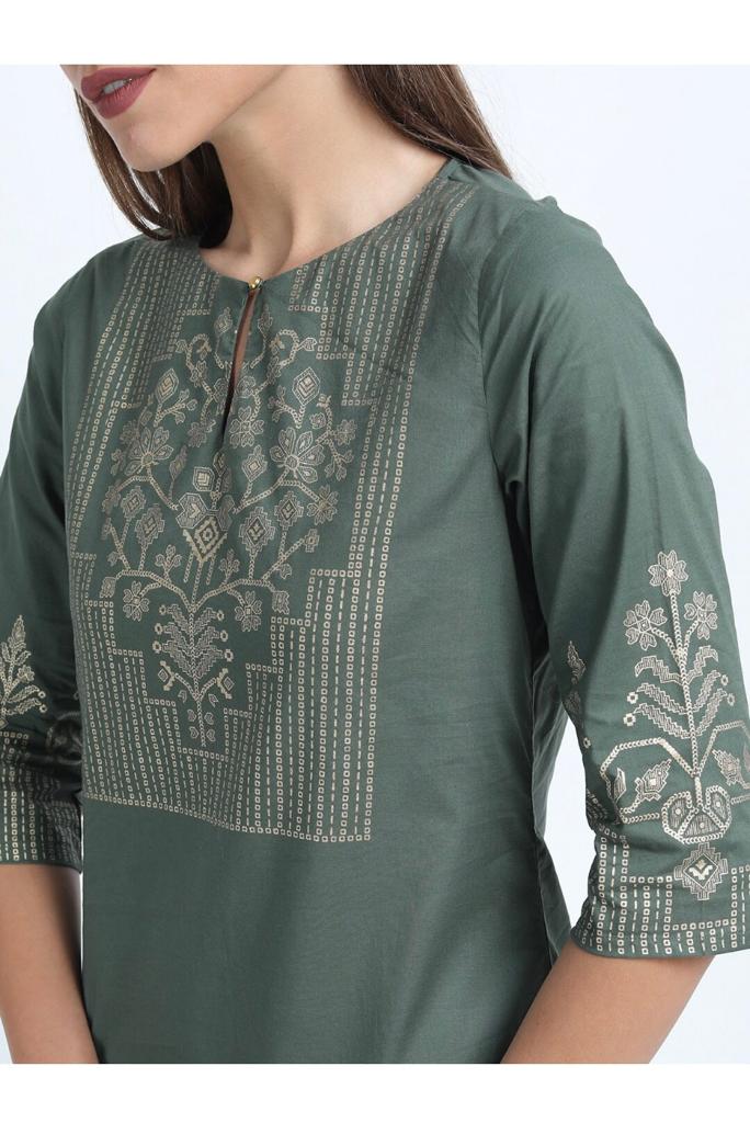 Maai Rayon Hand Printed Kurta Green | Grocsy