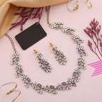Tehzeeb Creations Silver Pleated White Diamond With Grey Beads Necklace Set | Grocsy