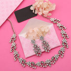 Tehzeeb Creations Silver Pleated White Diamond With Grey Beads Necklace Set | Grocsy
