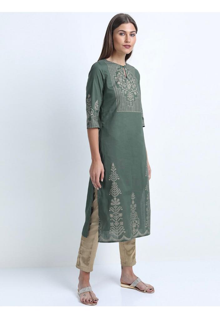 Maai Rayon Hand Printed Kurta Green | Grocsy