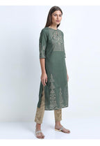 Maai Rayon Hand Printed Kurta Green | Grocsy