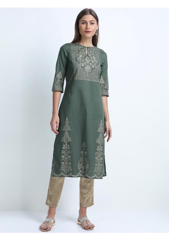 Maai Rayon Hand Printed Kurta Green | Grocsy
