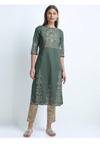 Maai Rayon Hand Printed Kurta Green | Grocsy