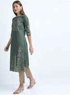 Maai Rayon Hand Printed Kurta Green | Grocsy