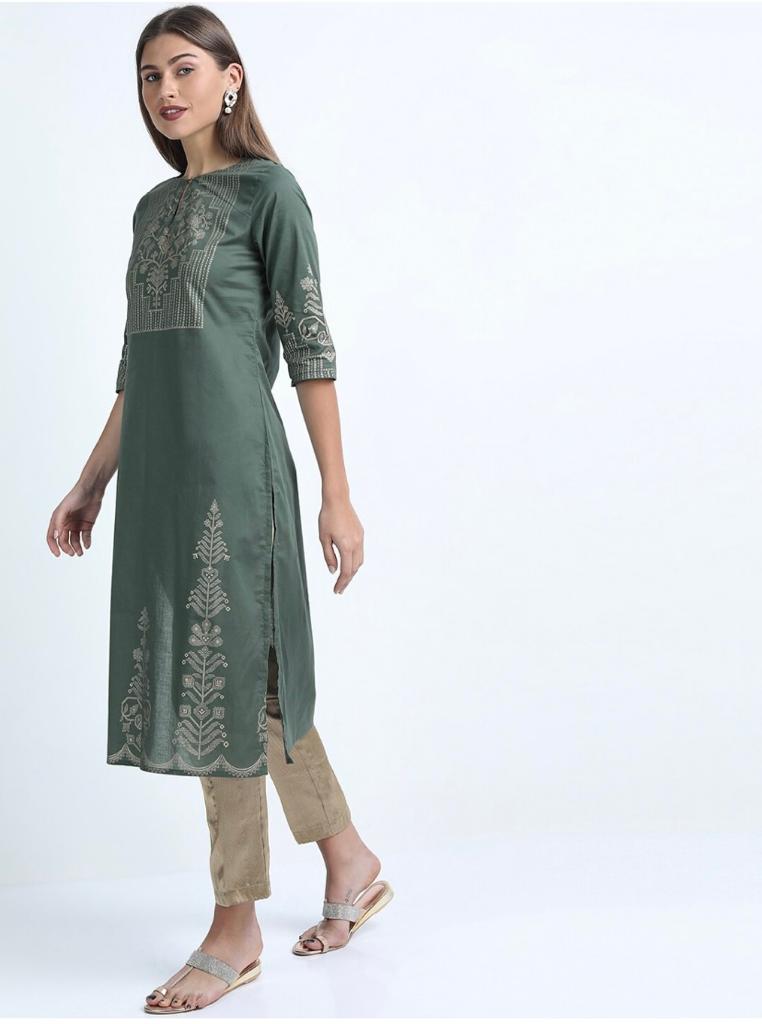 Maai Rayon Hand Printed Kurta Green | Grocsy