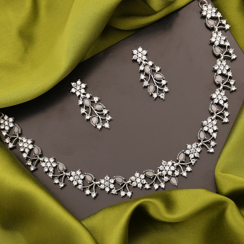 Tehzeeb Creations Silver Pleated White Diamond With Grey Beads Necklace Set | Grocsy