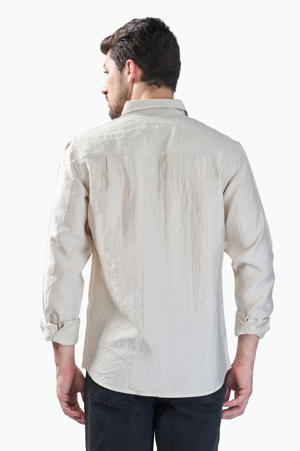 Xkind Beige Crush Wrinkled Look Regular Fit Shirt | Grocsy