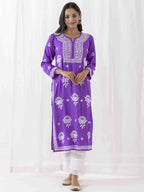 HOUSE OF KARI Ethnic Motifs Chikankari Embroidered Notched Round Neck Straight Kurta | Grocsy