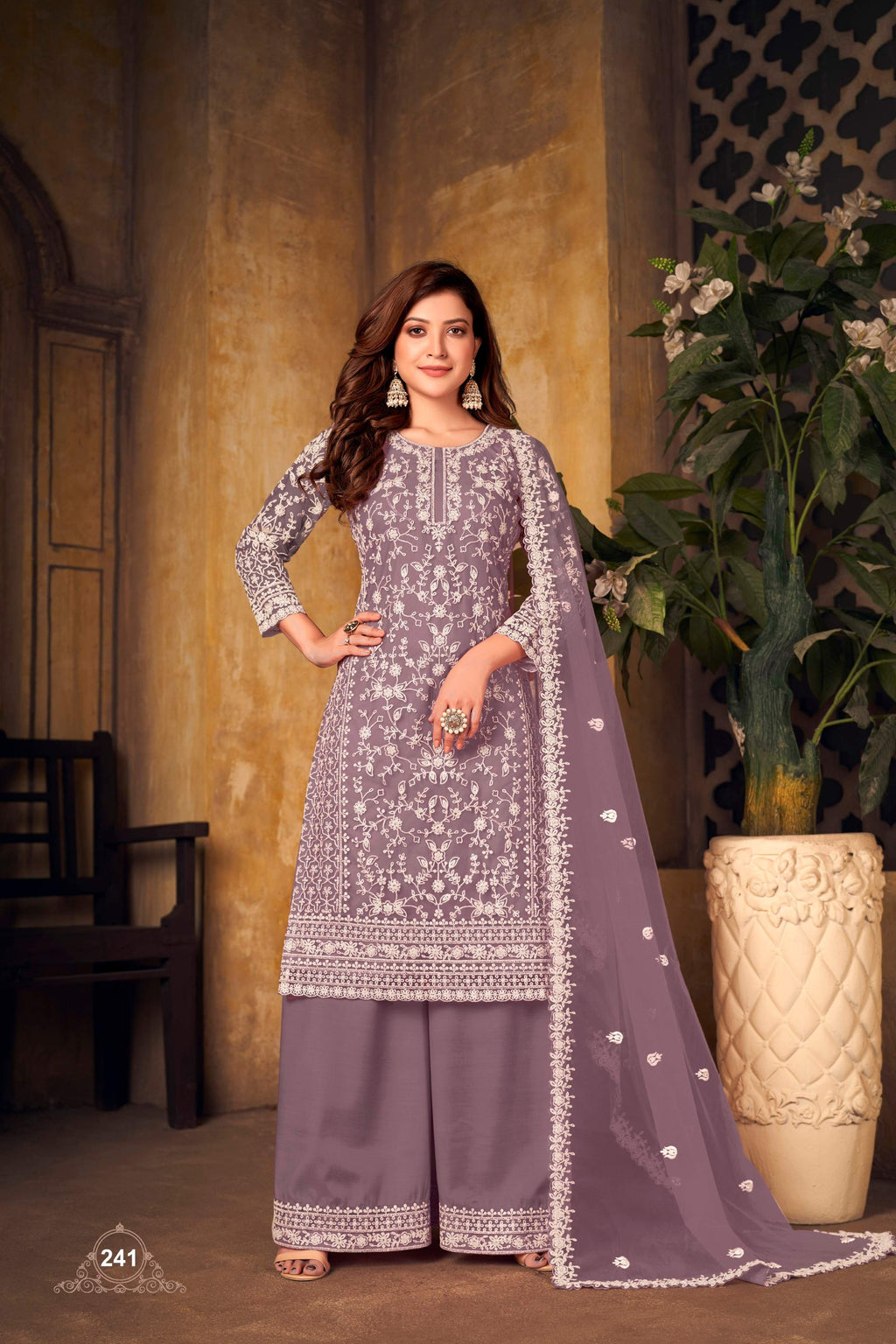 Anaita Lavender Embroidered Net Plazzo Suit | Grocsy