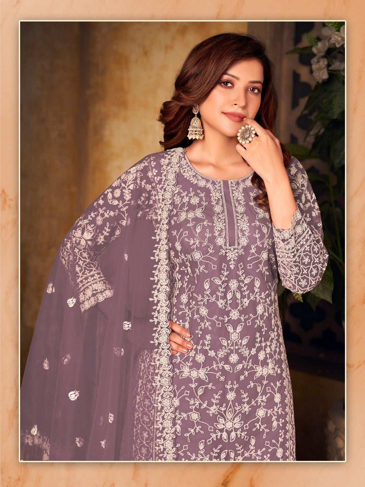 Anaita Lavender Embroidered Net Plazzo Suit | Grocsy