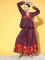 InWeave Women's Wine Red Brocade Mughal Shaan Kurta Palazzo Set | Grocsy