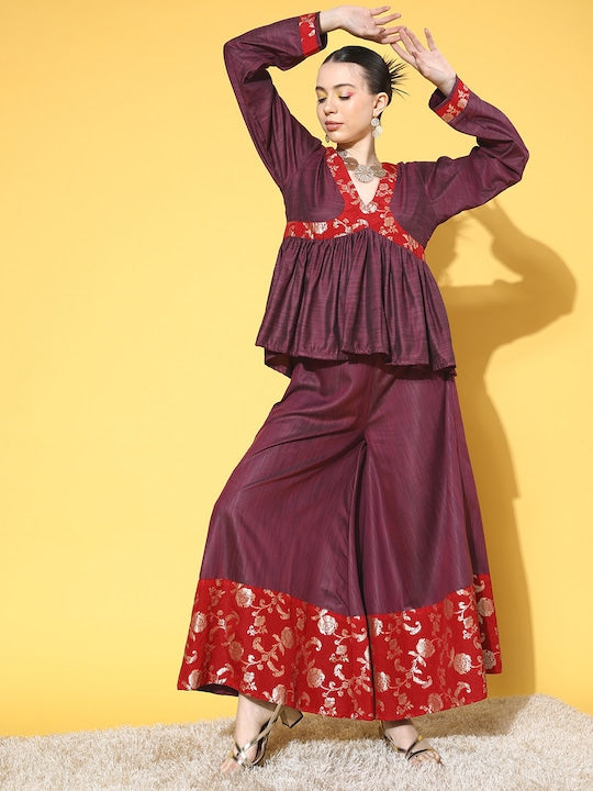 InWeave Women's Wine Red Brocade Mughal Shaan Kurta Palazzo Set | Grocsy