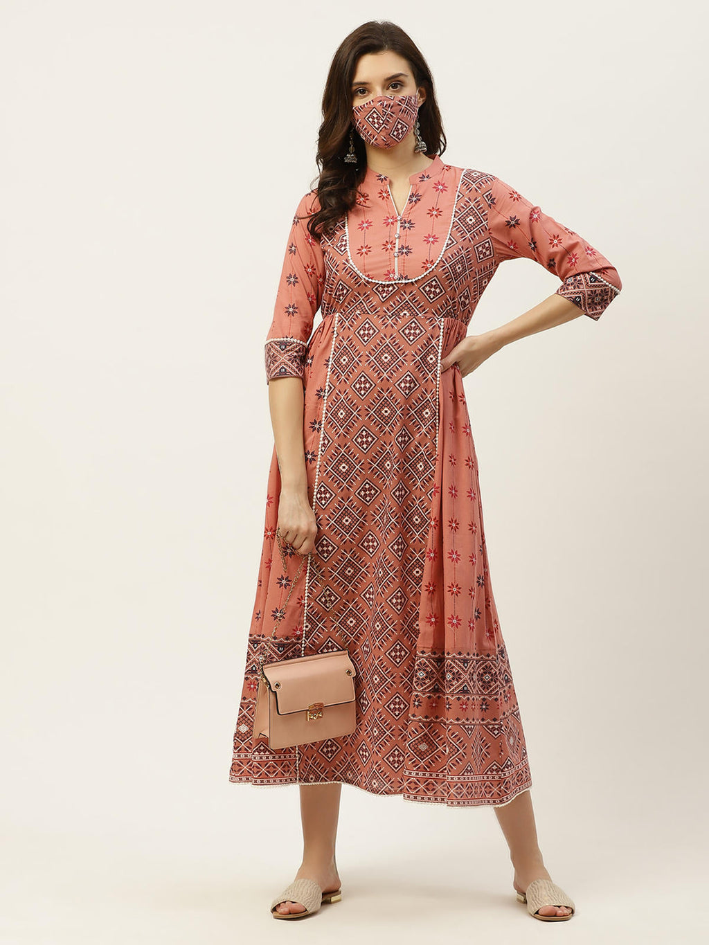 Juniper Women's Peach Geometric Printed Pure Cotton Maxi Dress With Lace Work | Grocsy