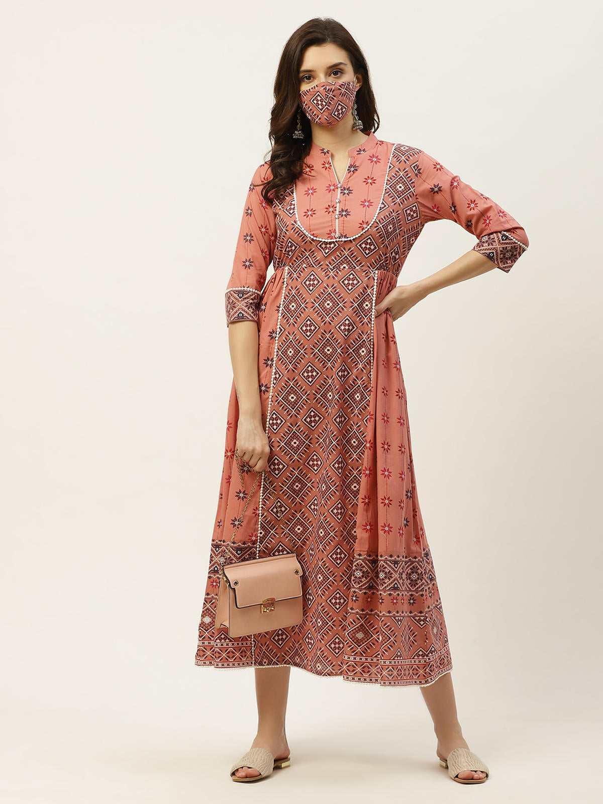 Juniper Women's Peach Geometric Printed Pure Cotton Maxi Dress With Lace Work | Grocsy